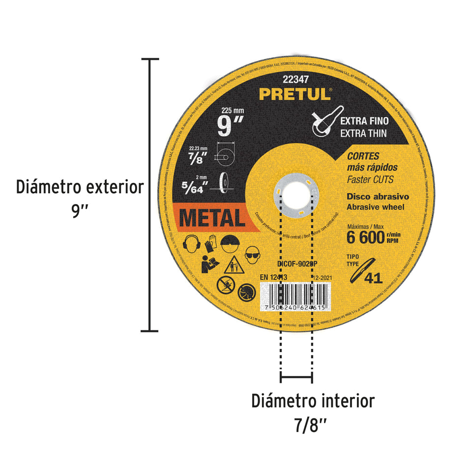 Disco Tipo 41 de 9' x 2 mm corte fino de metal, Pretul Caja con 10, 22347