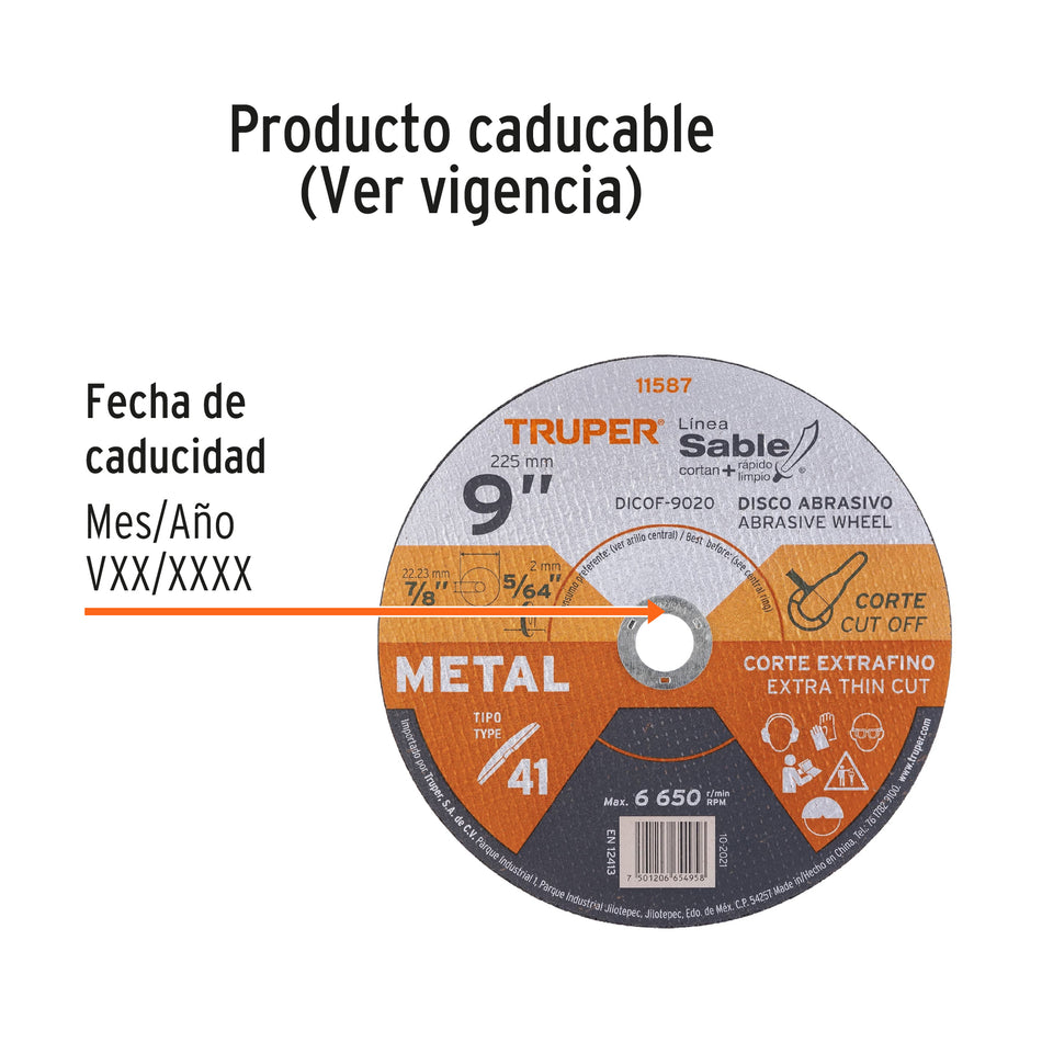 Disco Tipo 41 de 9' x 2 mm corte fino de metal, Sable Caja con 10, 11587