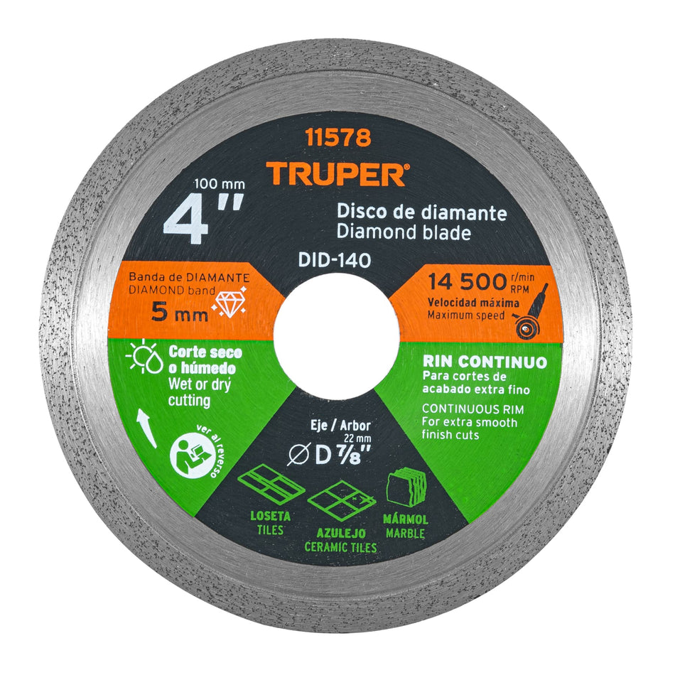 Disco de diamante de 4' x 1.6 mm rin continuo, Truper Caja con 4, 11578