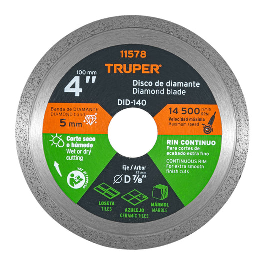 Disco de diamante de 4' x 1.6 mm rin continuo, Truper Caja con 4, 11578