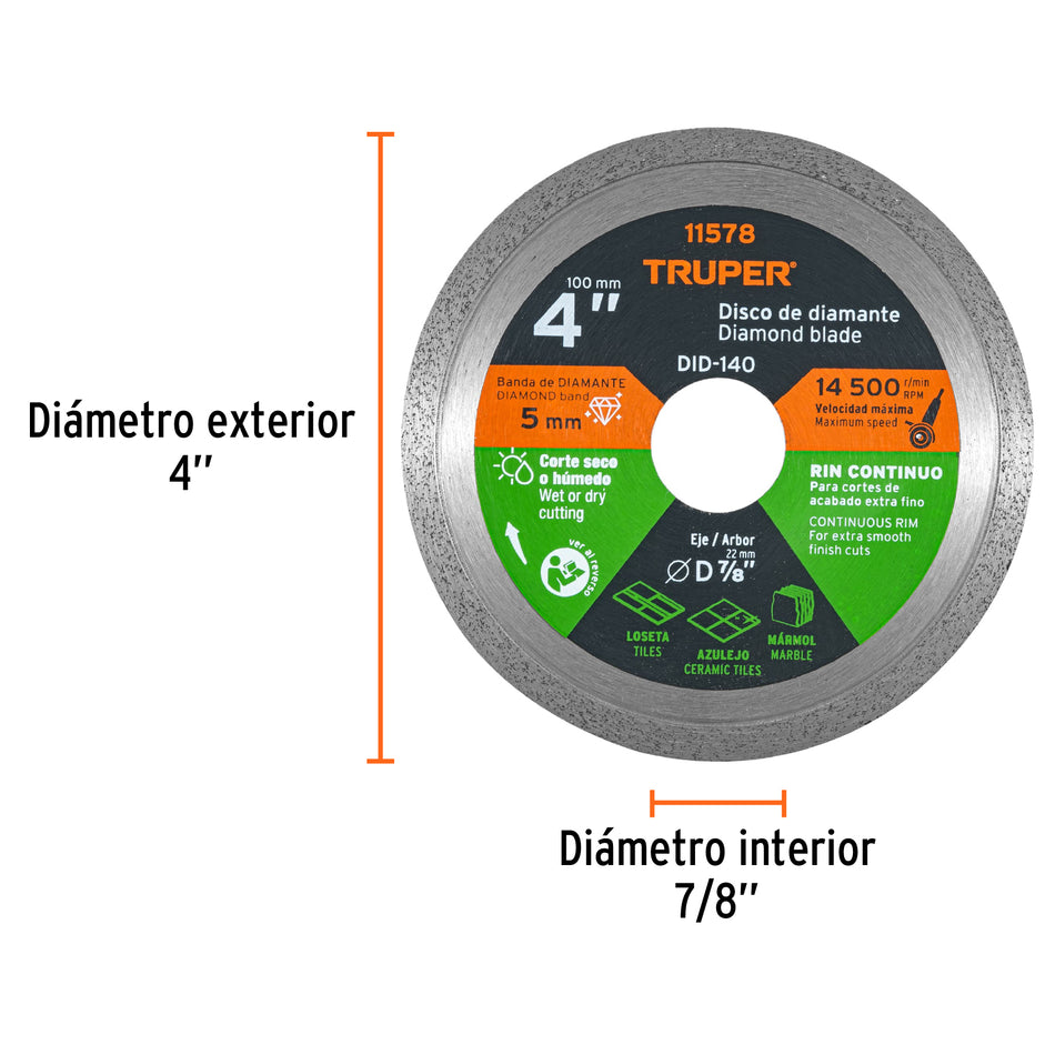 Disco de diamante de 4' x 1.6 mm rin continuo, Truper Caja con 4, 11578