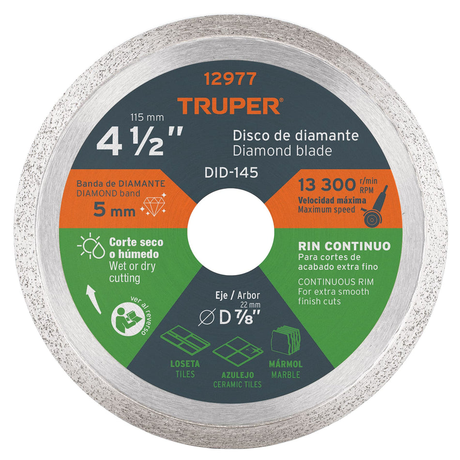 Disco de diamante de 4-1/2' x 1.6 mm rin continuo, Truper Caja con 4, 12977