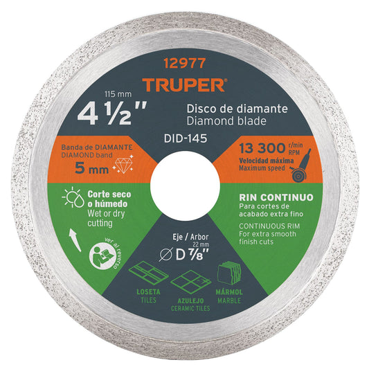 Disco de diamante de 4-1/2' x 1.6 mm rin continuo, Truper Caja con 4, 12977