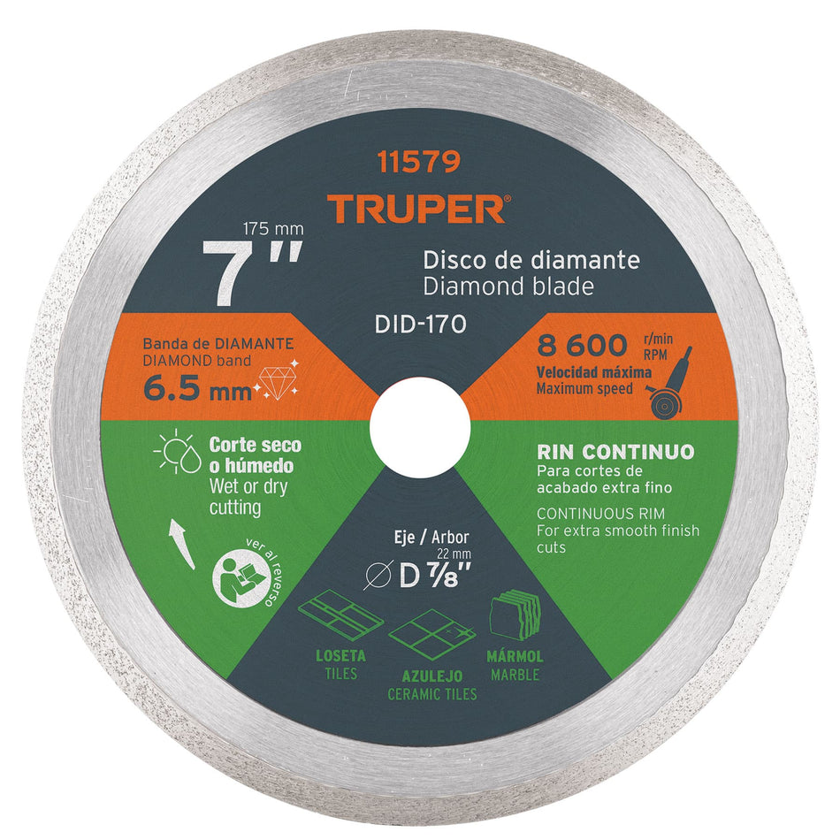 Disco de diamante de 7' x 2.2 mm rin continuo, Truper Caja con 2, 11579