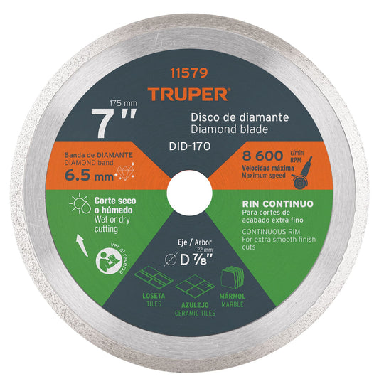 Disco de diamante de 7' x 2.2 mm rin continuo, Truper Caja con 2, 11579