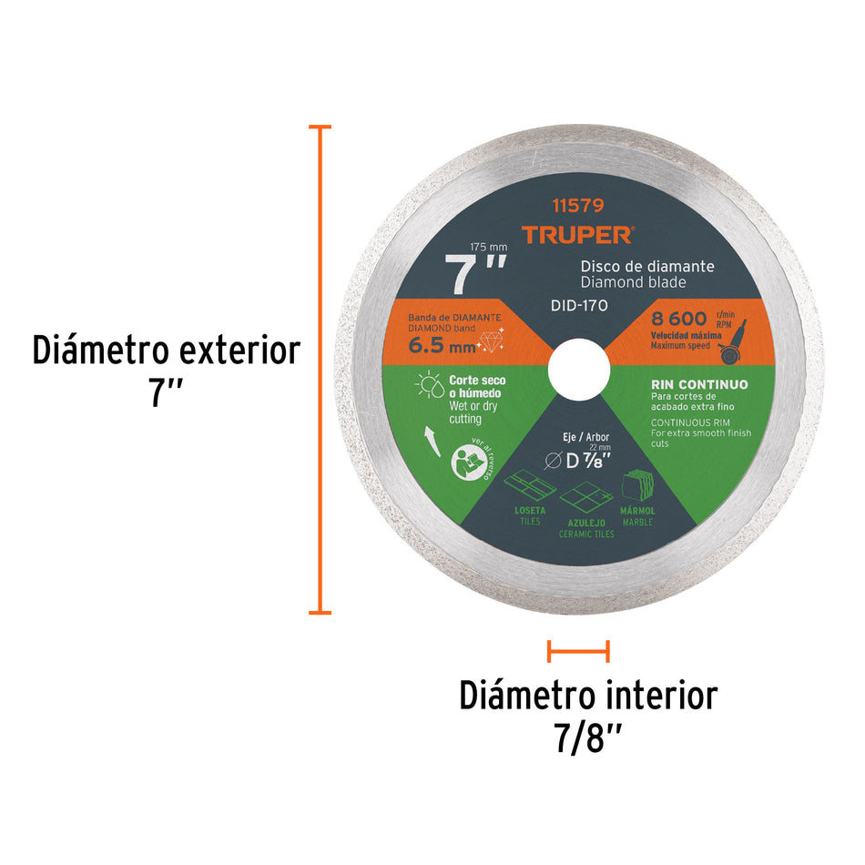Disco de diamante de 7' x 2.2 mm rin continuo, Truper Caja con 2, 11579