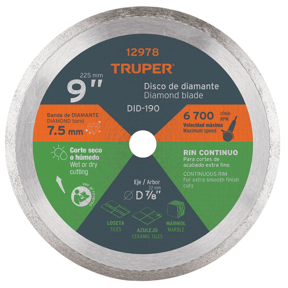 Disco de diamante de 9' x 2.2 mm rin continuo, Truper Caja con 2, 12978