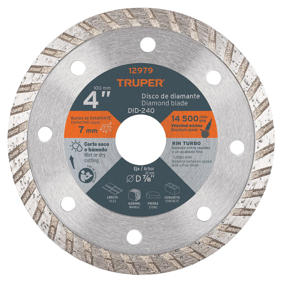 Disco de diamante de 4' x 2.2 mm rin turbo, Truper Caja con 2, 12979