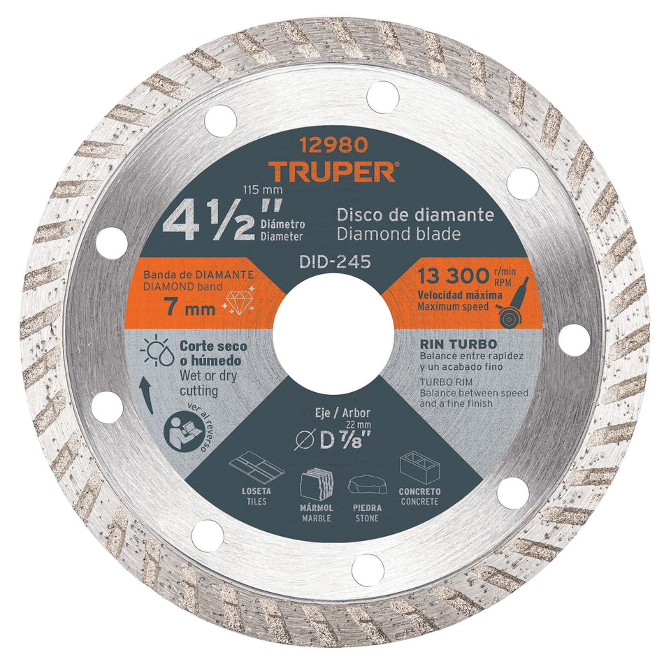 Disco de diamante de 4-1/2' x 2.2 mm rin turbo, Truper Caja con 4, 12980