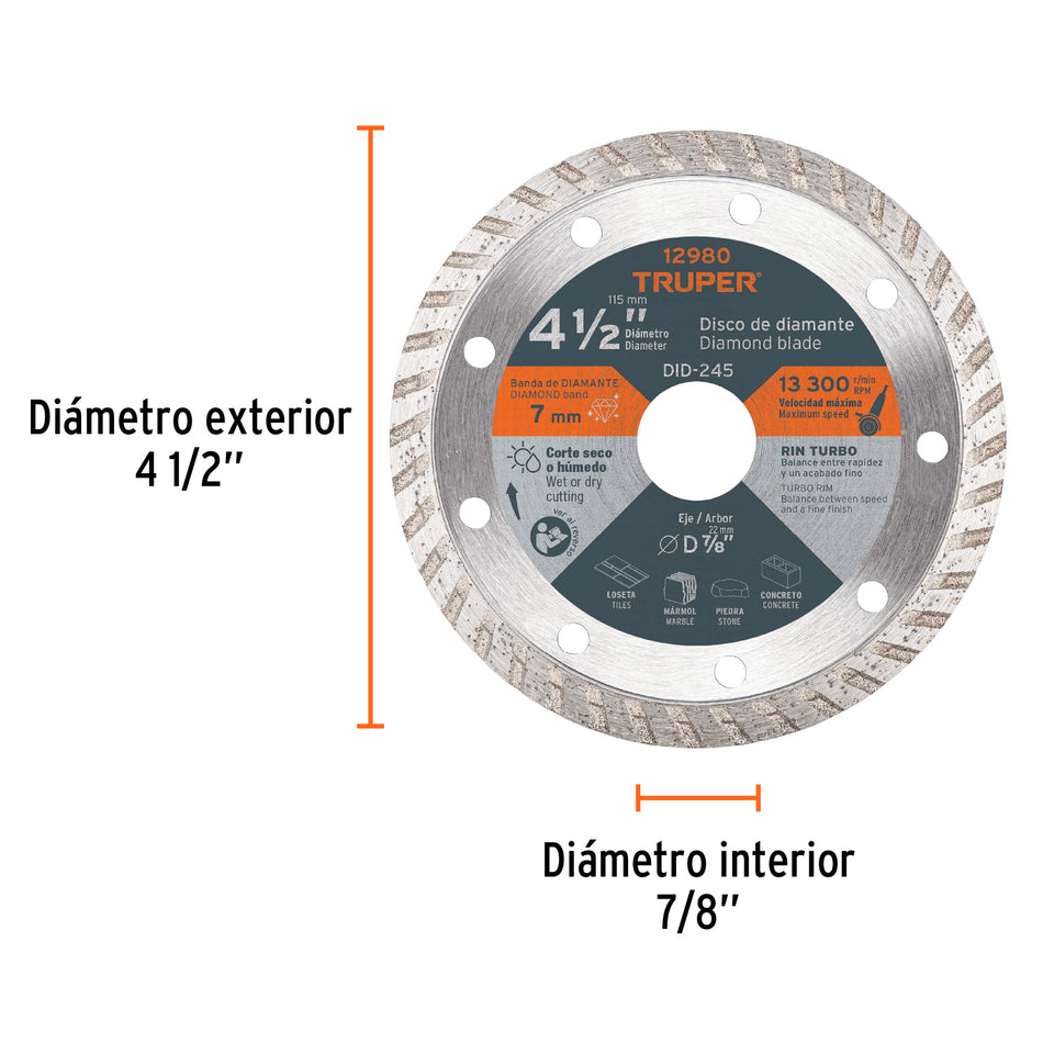 Disco de diamante de 4-1/2' x 2.2 mm rin turbo, Truper Caja con 4, 12980