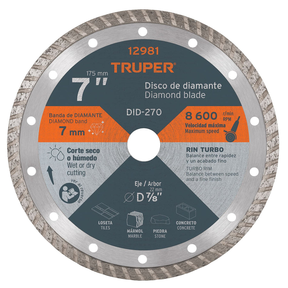 Disco de diamante de 7' x 2.8 mm rin turbo, Truper Caja con 2, 12981