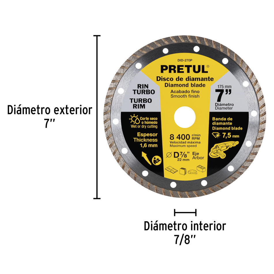 Disco de diamante de 7' x 1.6 mm rin turbo, Pretul Caja con 2, 27018