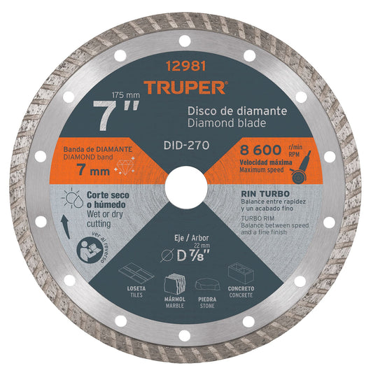 Disco de diamante de 7' x 2.8 mm rin turbo, Truper Caja con 2, 12981