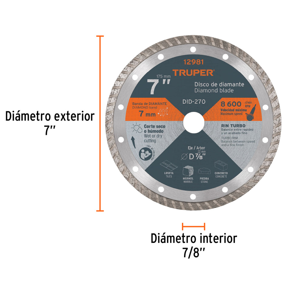 Disco de diamante de 7' x 2.8 mm rin turbo, Truper Caja con 2, 12981