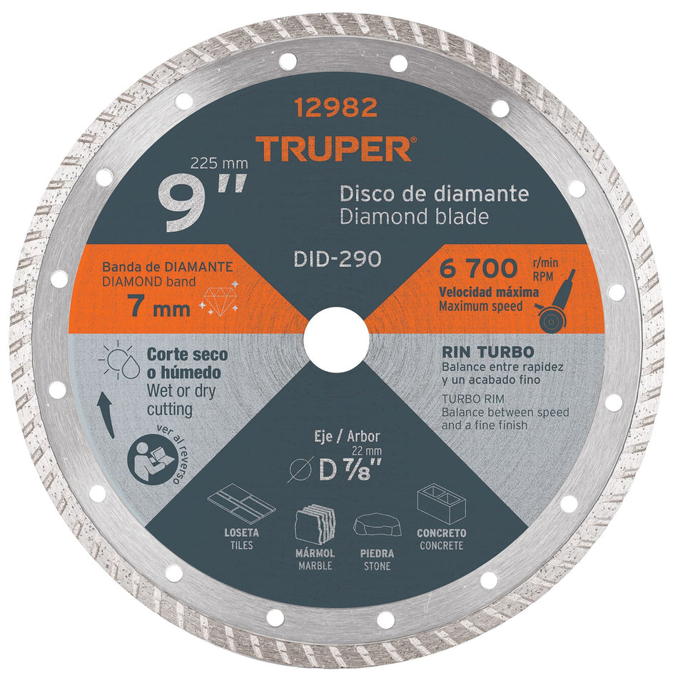 Disco de diamante de 9' x 3 mm rin turbo, Truper Caja con 2, 12982