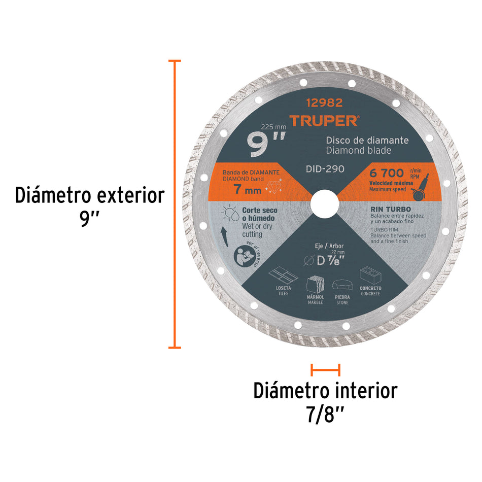 Disco de diamante de 9' x 3 mm rin turbo, Truper Caja con 2, 12982