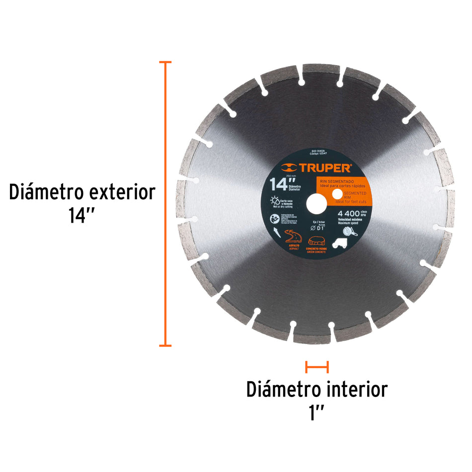 Disco de diamante de 14' x 2.8 mm corte asfalto y concreto, 12547