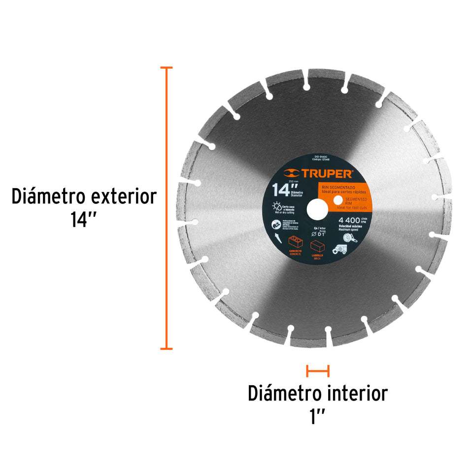 Disco de diamante de 14' x 2.8 mm corte ladrillo y concreto, 12548