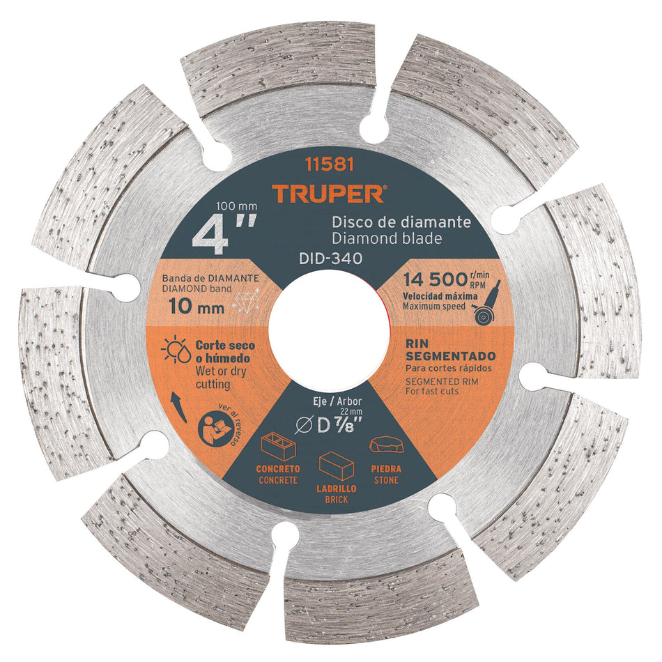 Disco de diamante de 4' x 2.1 mm rin segmentado, Truper Caja con 2, 11581