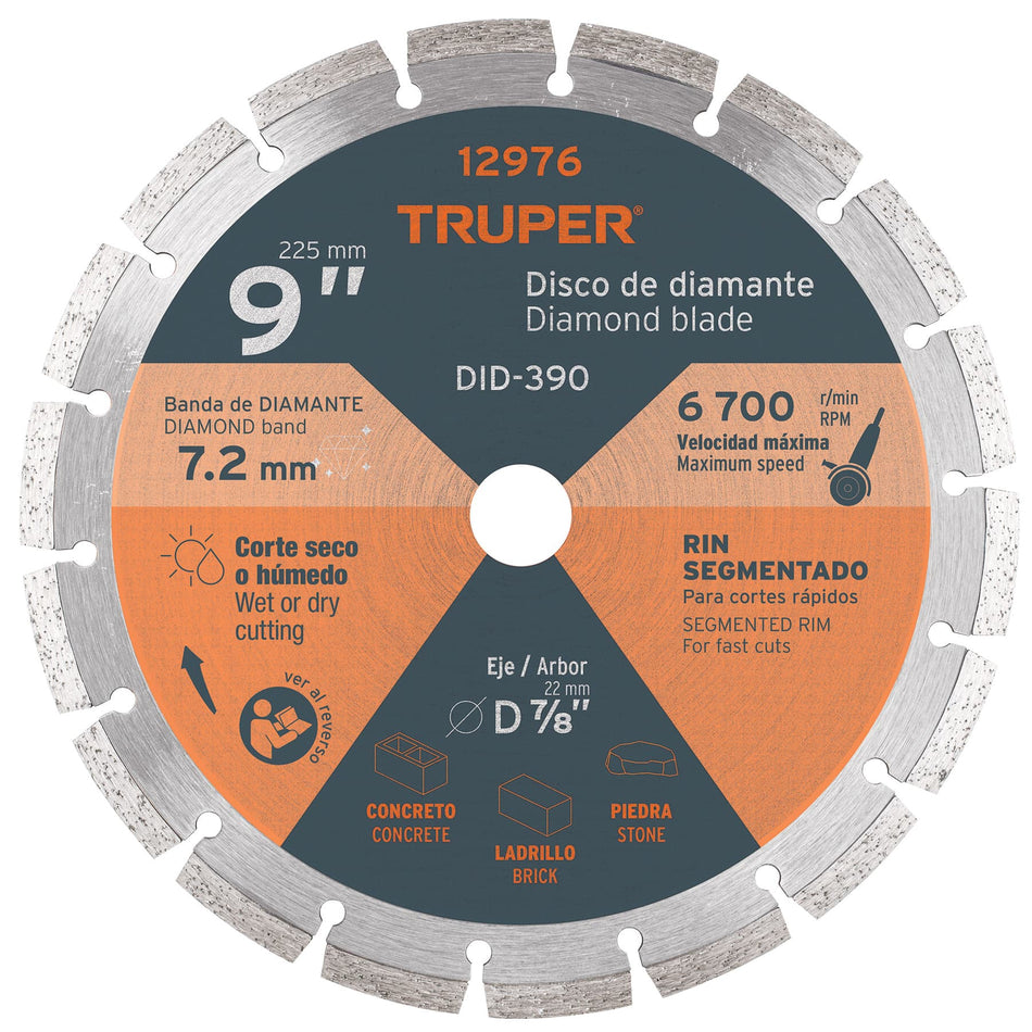 Disco de diamante de 9' x 2.7 mm rin segmentado, Truper Caja con 2, 12976