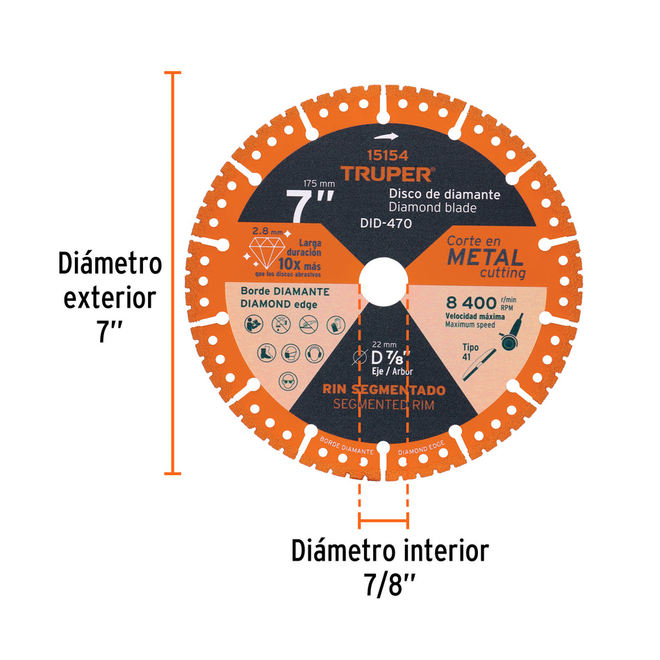 Disco de diamante de 7' x 1.6 mm para corte metal, Truper Caja con 2, 15154