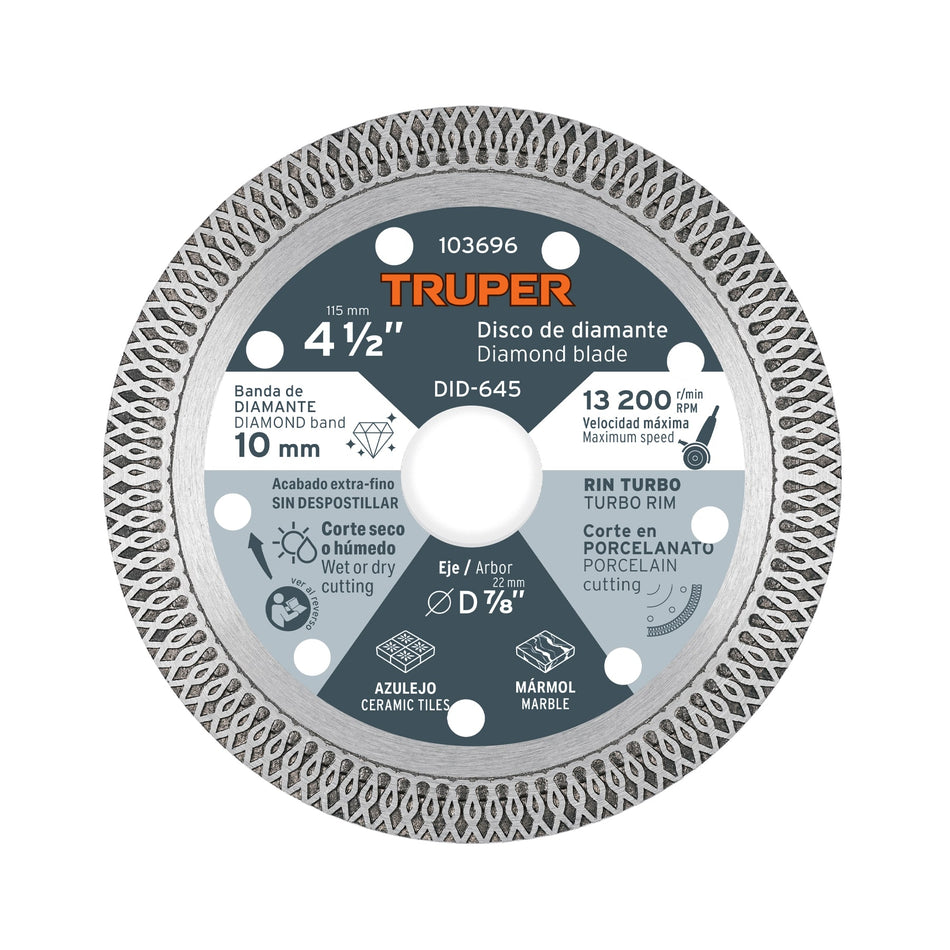 Disco de diamante 4 1/2' corte porcelanato, Truper, 103696