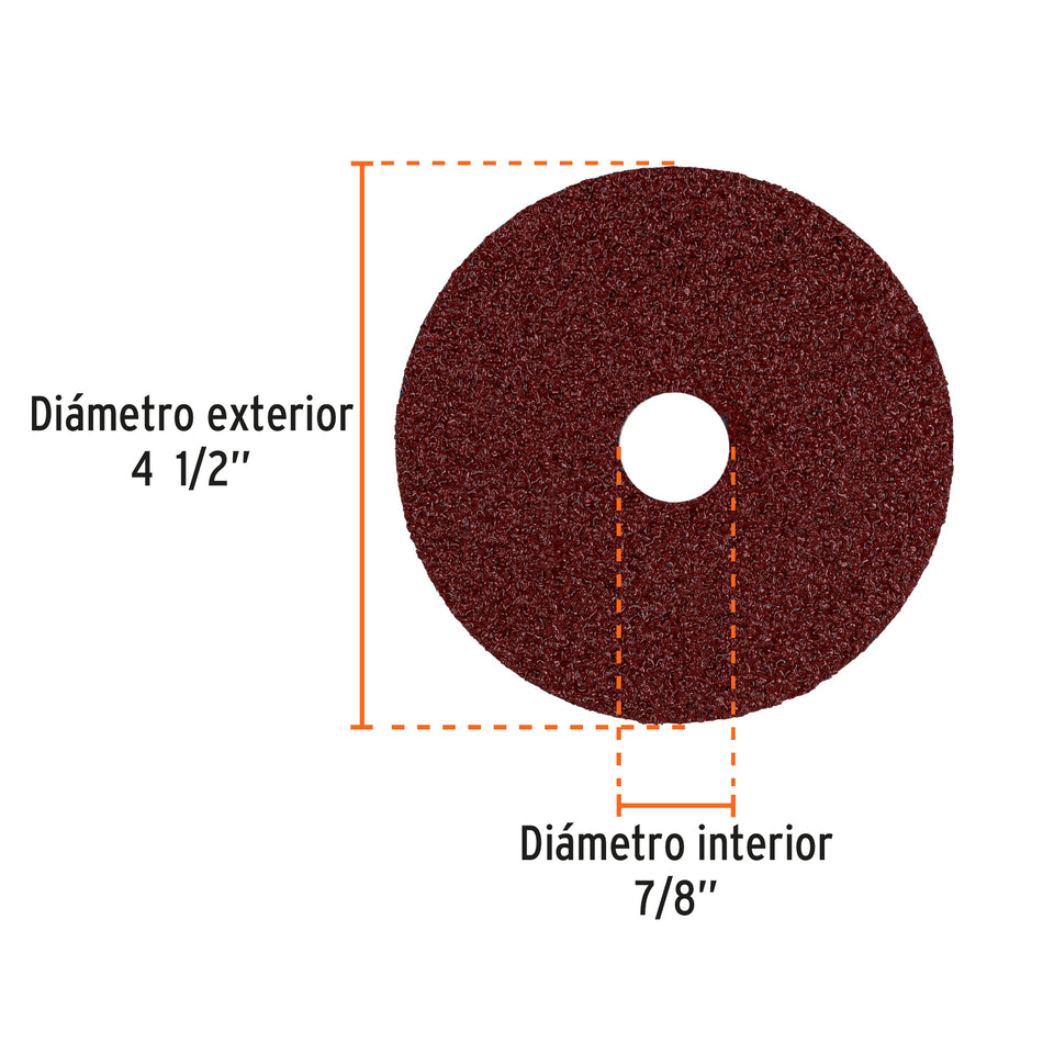 Disco de lija 4-1/2' con respaldo de fibra, grano 24, Truper Caja con 5, 100124