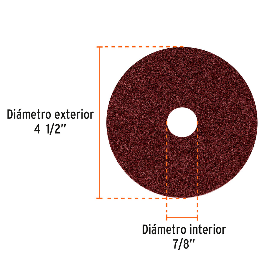 Disco de lija 4-1/2' con respaldo de fibra, grano 36, Truper Caja con 5, 100125