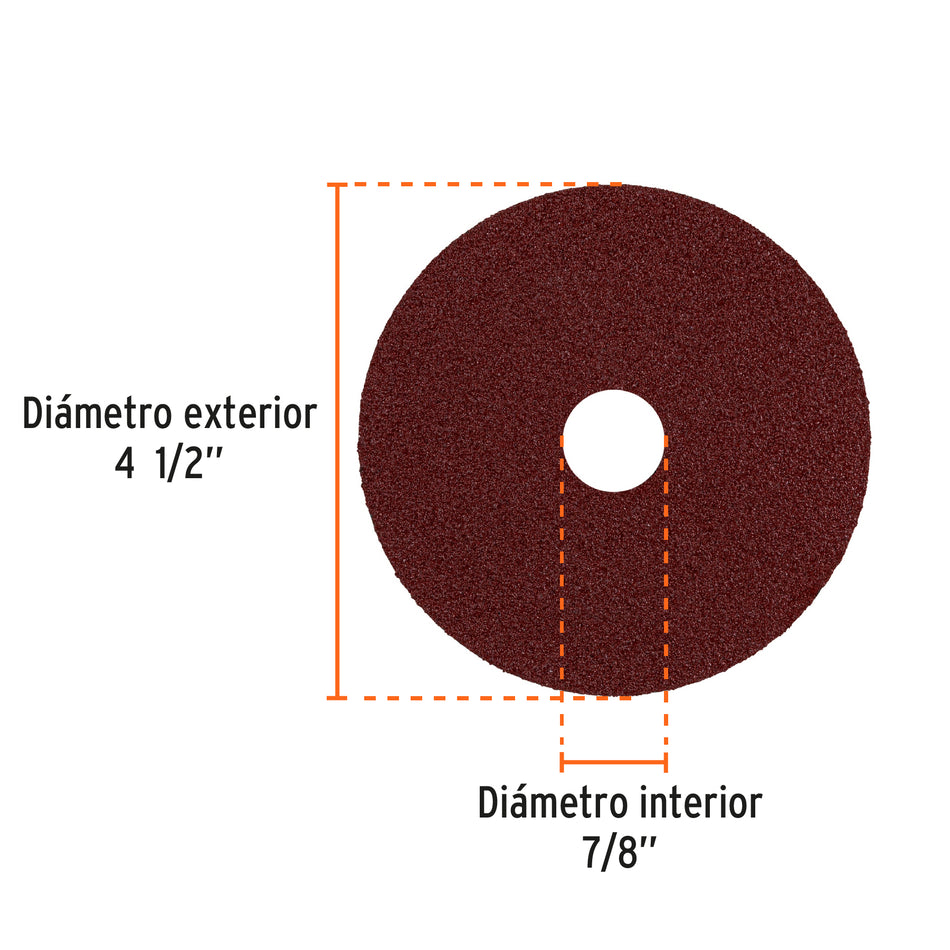 Disco de lija 4-1/2' con respaldo de fibra, grano 50, Truper Caja con 5, 100126