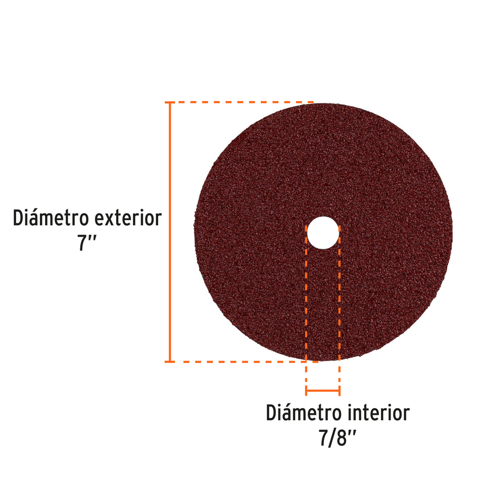 Disco de lija de 7' con respaldo de fibra, grano 24, Truper Caja con 5, 100129