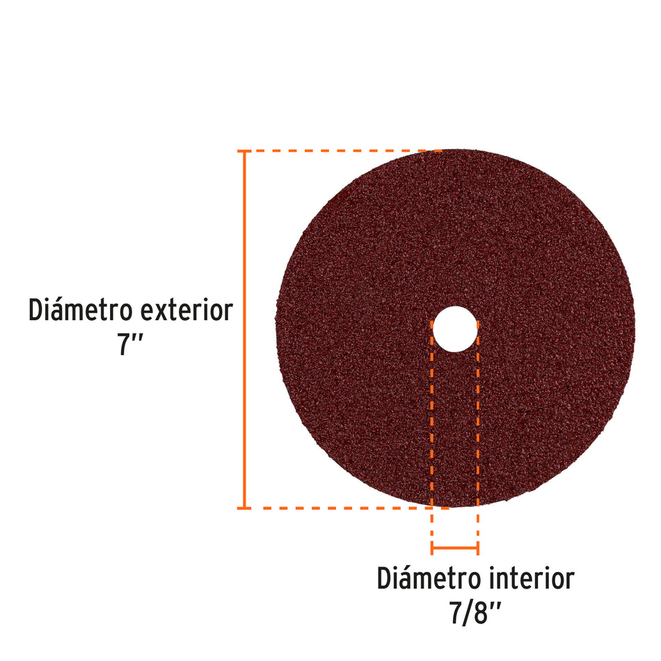 Disco de lija de 7' con respaldo de fibra, grano 36, Truper Caja con 5, 100160