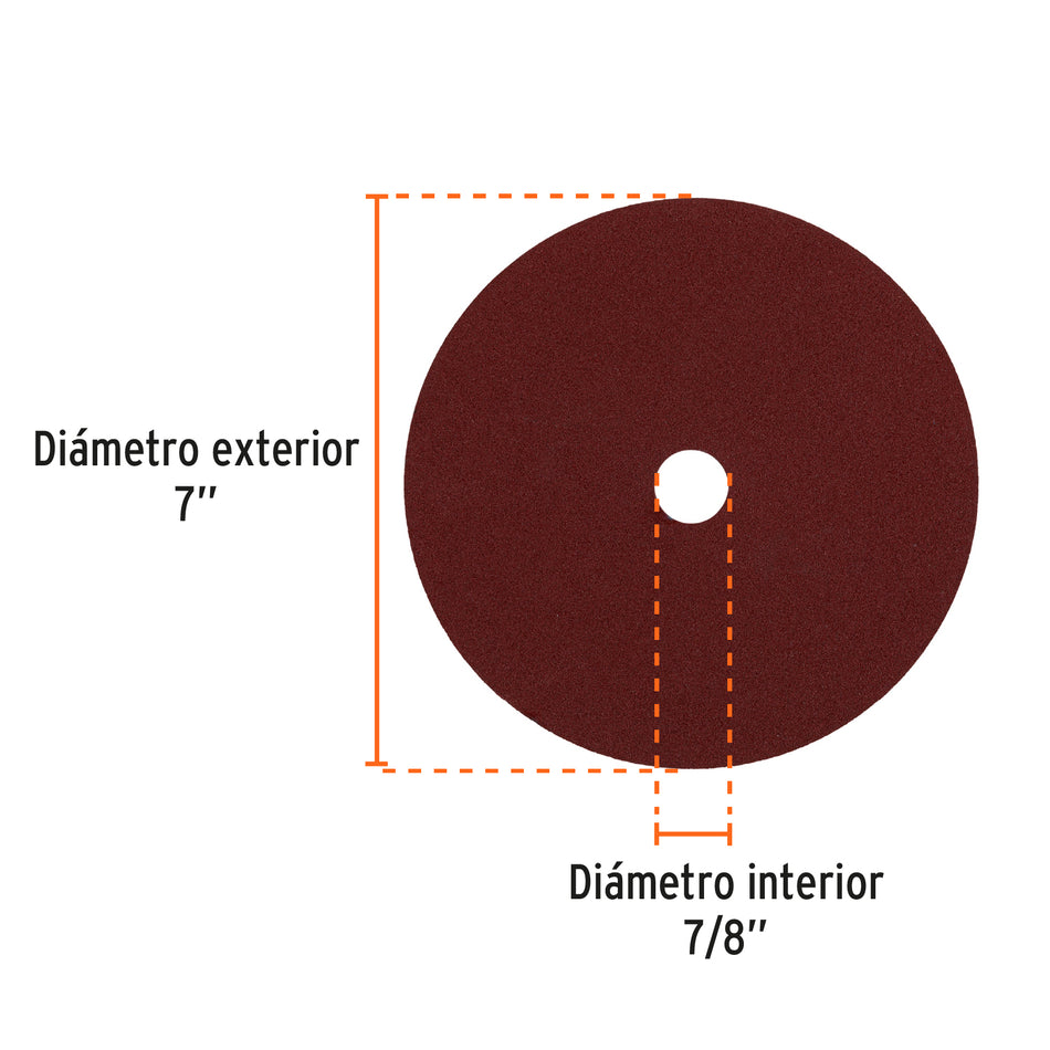 Disco de lija de 7' con respaldo de fibra, grano 80, Truper Caja con 5, 100162
