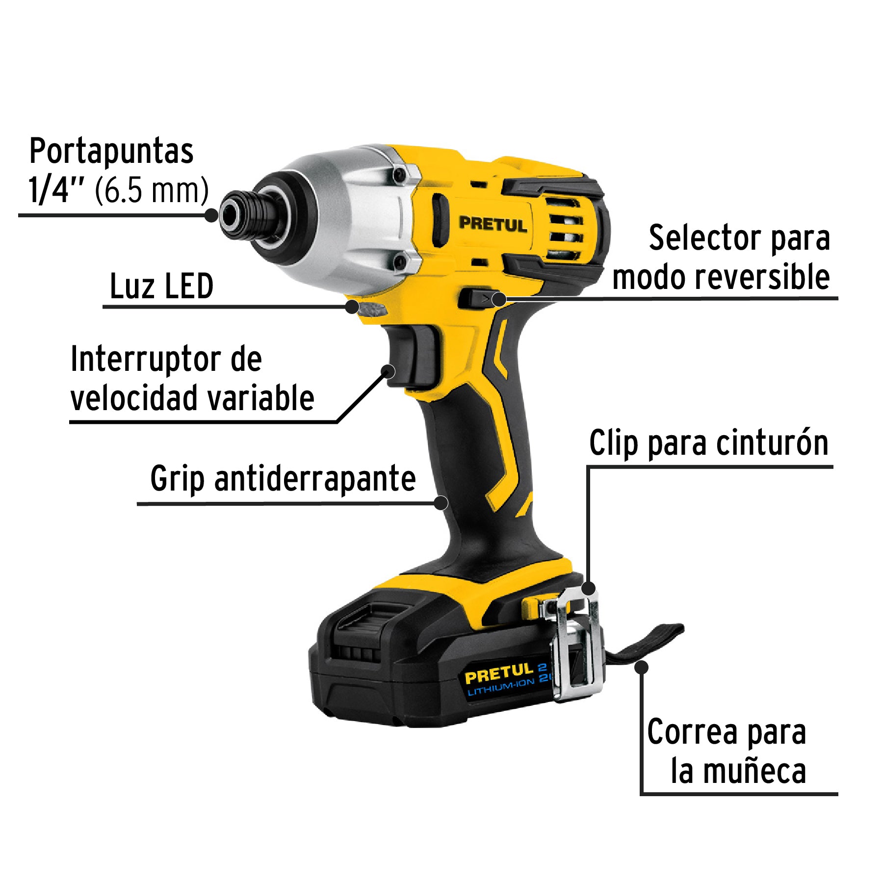 Destornillador de impacto inalámbrico 1/4', 20V, PRETUL, 28269