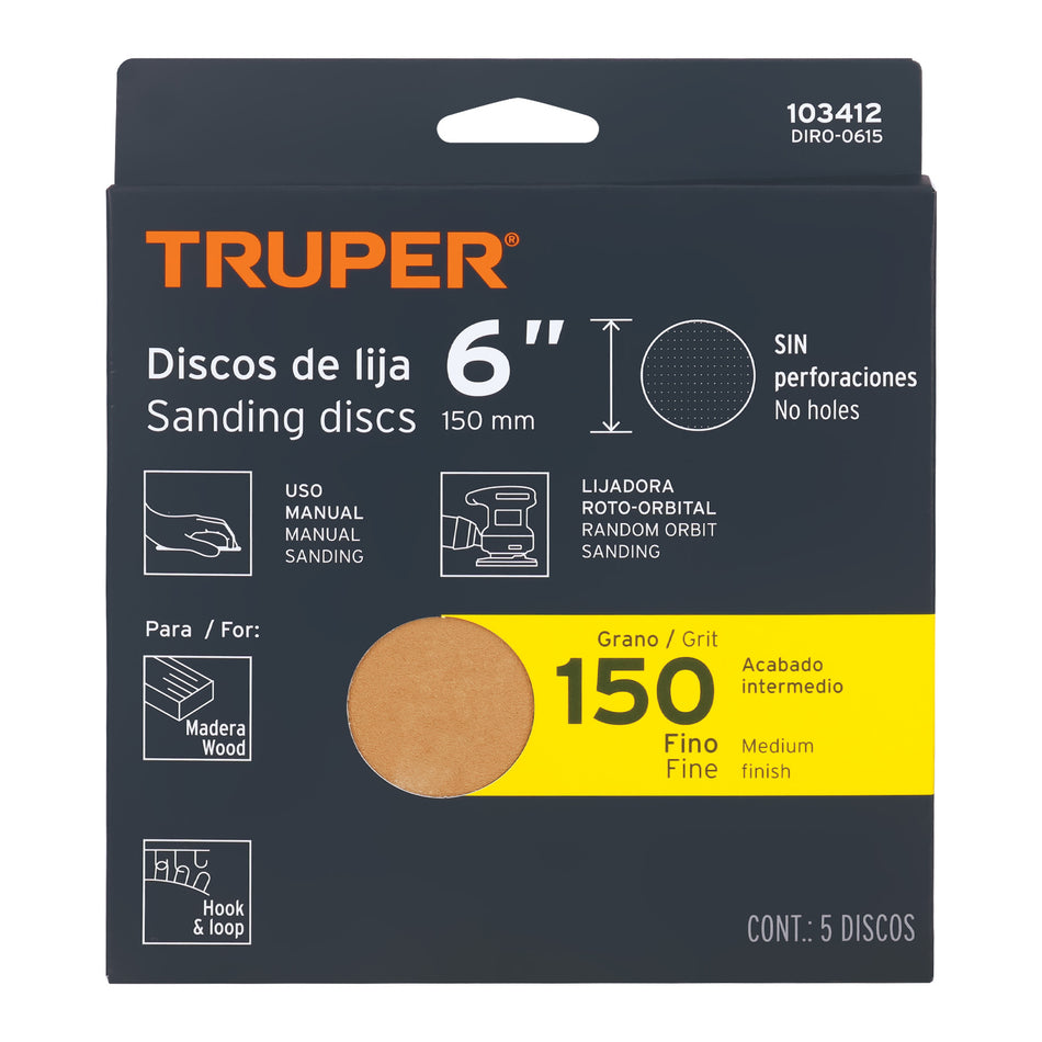 Caja 5 discos de lija p/madera 6' grano 150, velcro, s/perf. Caja con 5, 103412