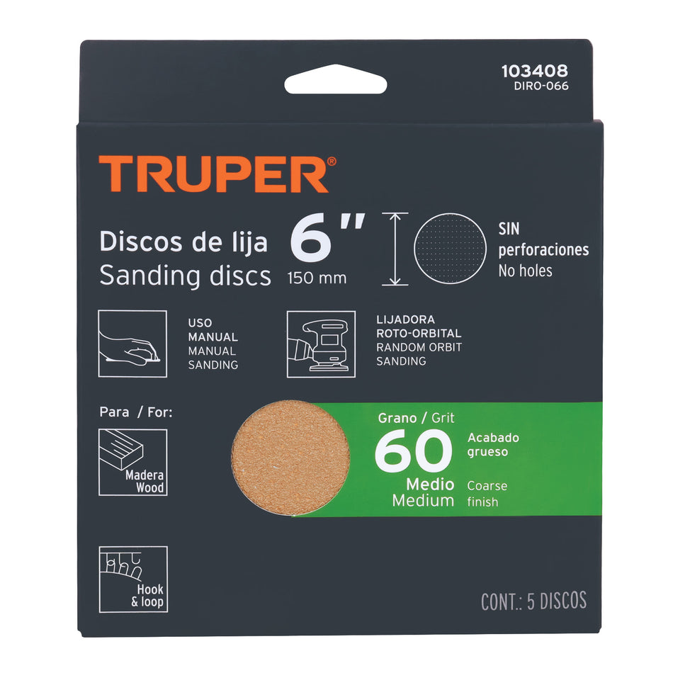 Caja 5 discos de lija p/madera 6' grano 60, velcro, s/perf. Caja con 5, 103408