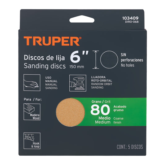 Caja 5 discos de lija p/madera 6' grano 80, velcro, s/perf. Caja con 5, 103409