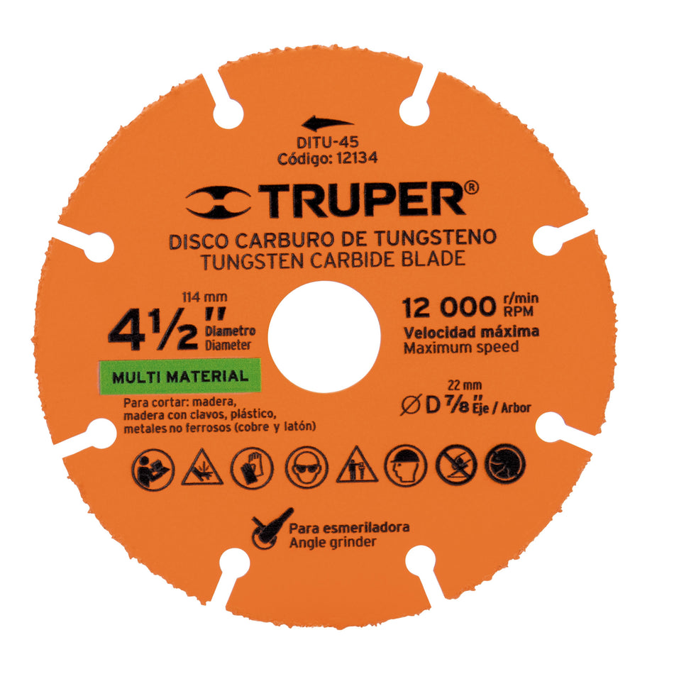 Disco 4-1/2' multimaterial de carburo de tungsteno, Truper Caja con 2, 12134
