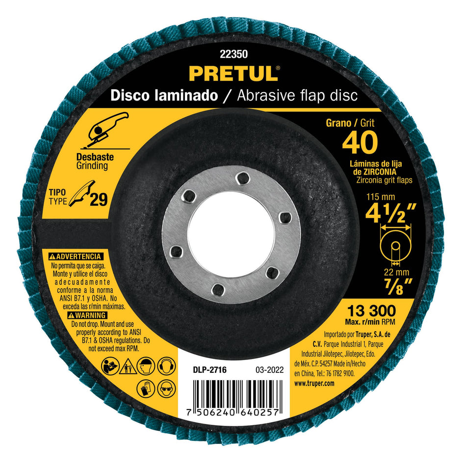 Disco 4-1/2' laminado grano 40 centro 7/8', Pretul Caja con 10, 22350