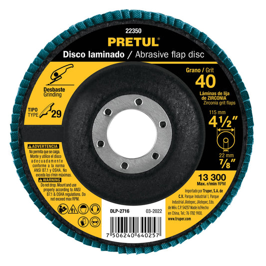 Disco 4-1/2' laminado grano 40 centro 7/8', Pretul Caja con 10, 22350