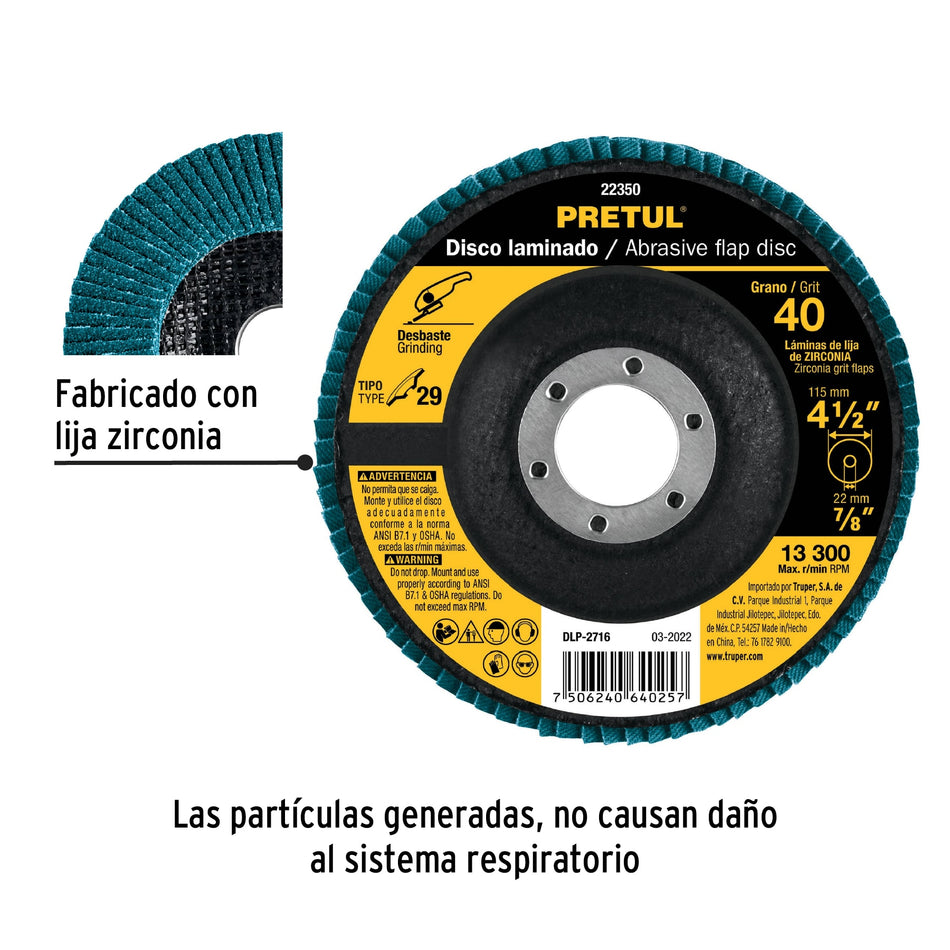 Disco 4-1/2' laminado grano 40 centro 7/8', Pretul Caja con 10, 22350