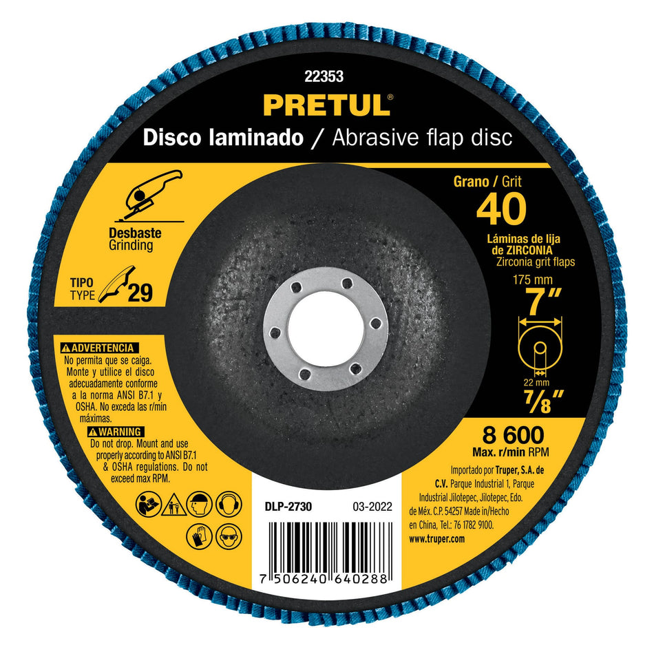 Disco 7' laminado grano 40 centro 7/8', Pretul Caja con 5, 22353