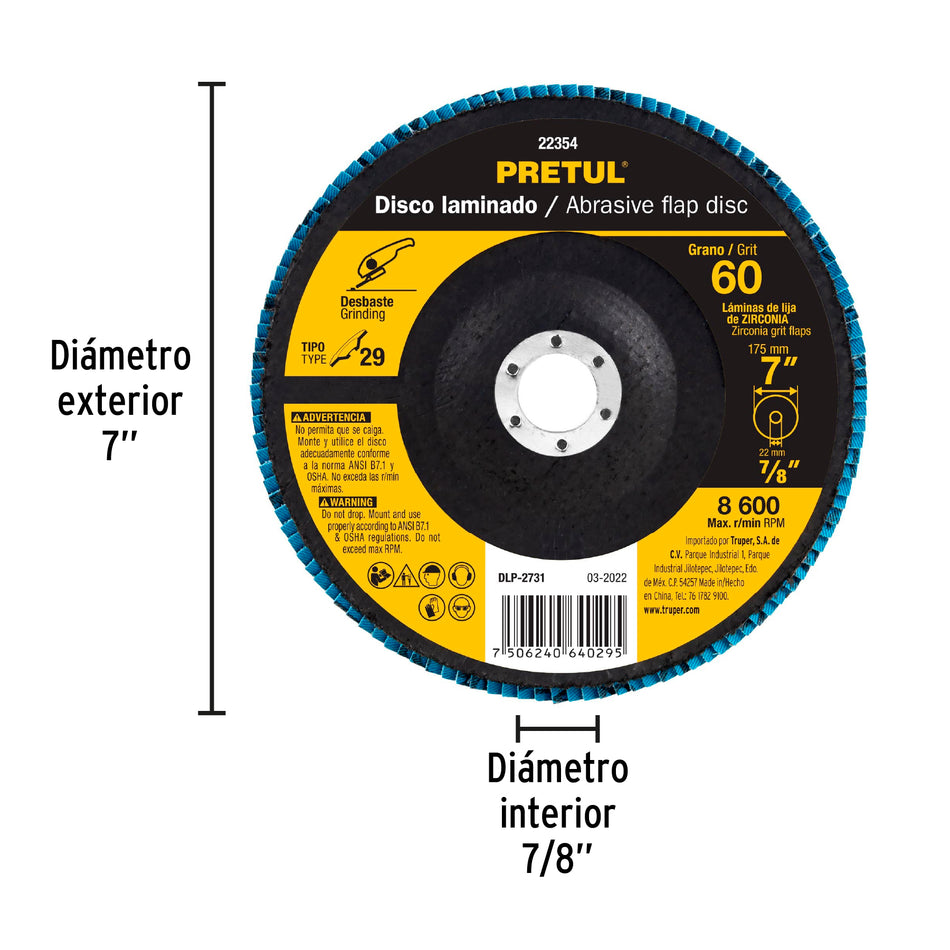 Disco 7' laminado grano 60 centro 7/8', Pretul Caja con 5, 22354