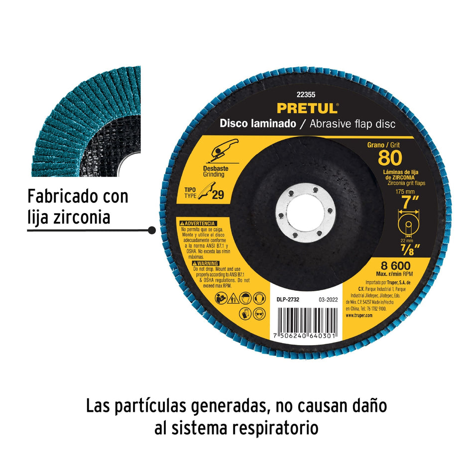 Disco 7' laminado grano 80 centro 7/8', Pretul Caja con 5, 22355