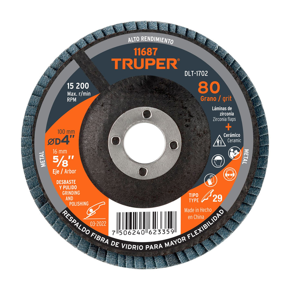 Disco laminado 4', grano 80 centro 5/8', Truper Caja con 5, 11687