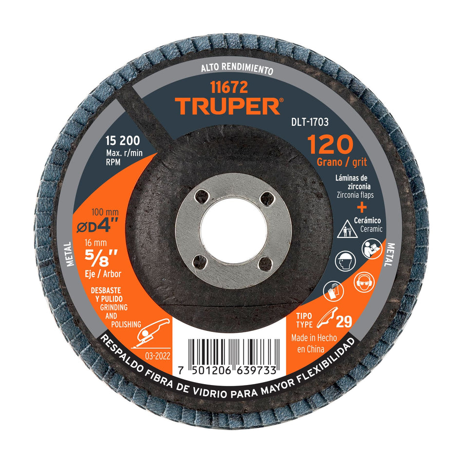 Disco laminado 4', grano 120 centro 5/8', Truper Caja con 5, 11672