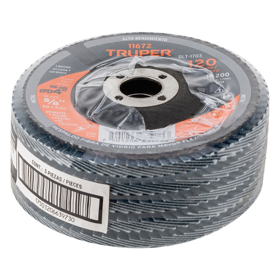 Disco laminado 4', grano 120 centro 5/8', Truper Caja con 5, 11672