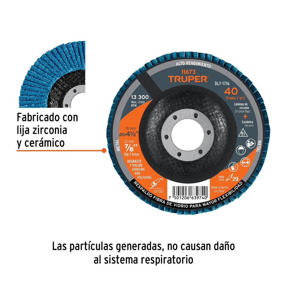 Disco 4-1/2' laminado grano 40 centro 7/8', Truper Caja con 5, 11673
