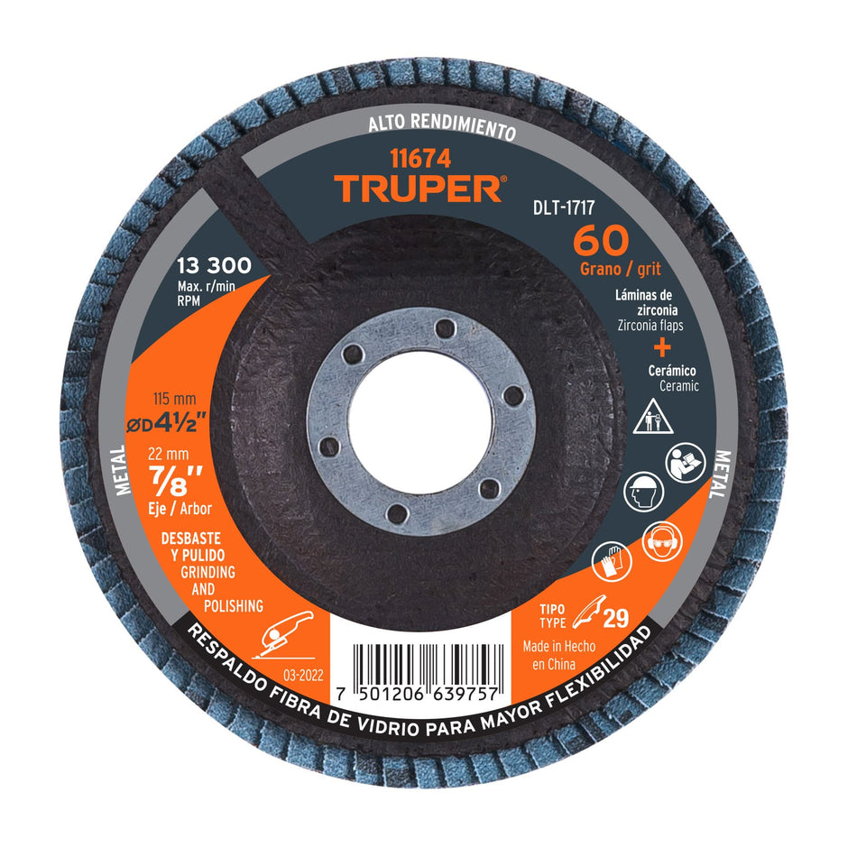 Disco 4-1/2' laminado grano 60 centro 7/8', Truper Caja con 5, 11674