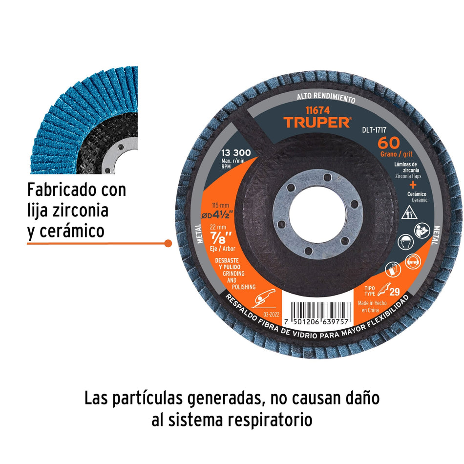 Disco 4-1/2' laminado grano 60 centro 7/8', Truper Caja con 5, 11674