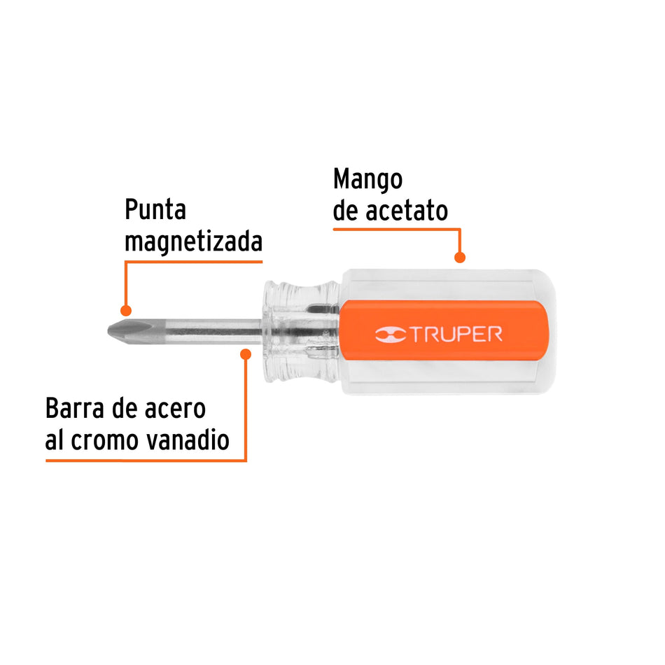 Desarmador de cruz 1/4' x 1-1/2' mango de acetato, Truper Caja con 6, 14071